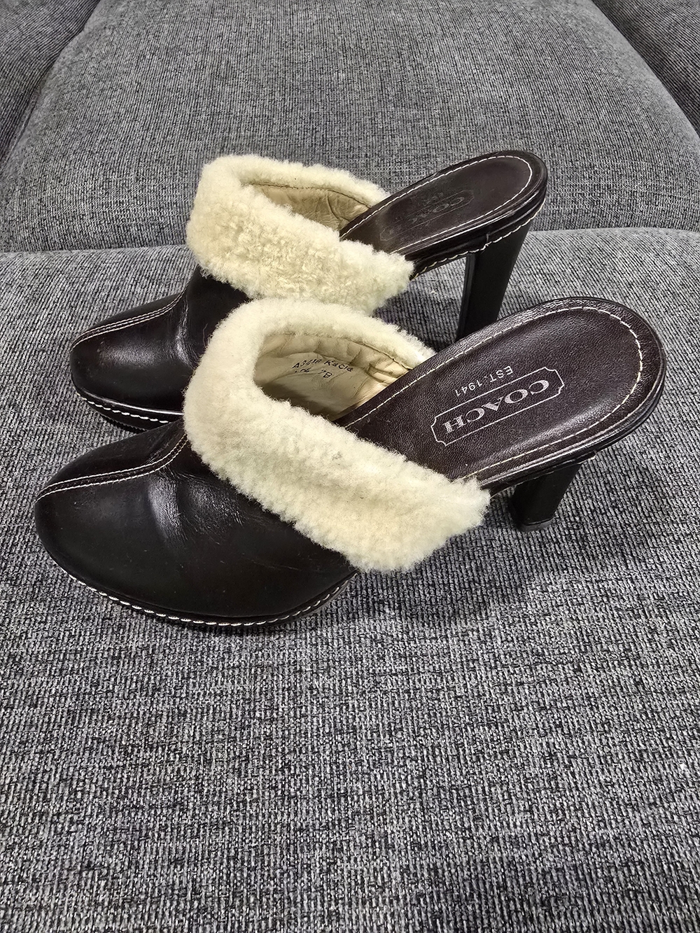 COACH Dark Brown Leather Mules with Cream Shearling Trim